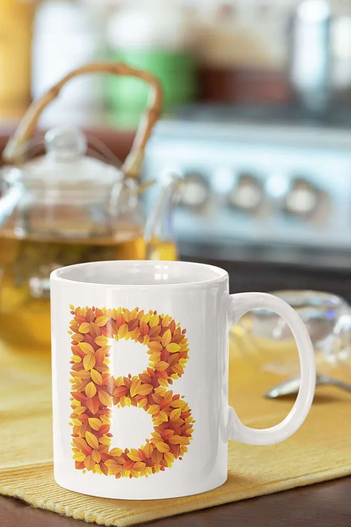 Beyaz Sarı Yapraklı B Harfi Baskılı Porselen Kupa