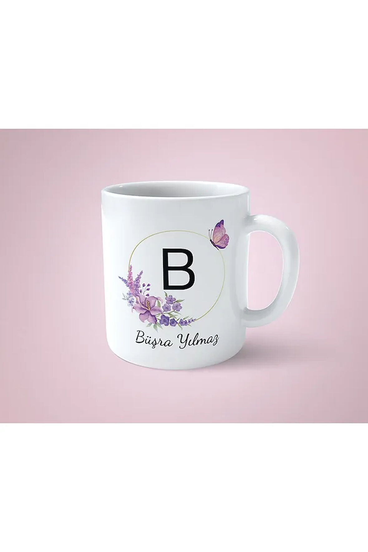 Kişiye Özel B Baş Harfli Isimli Mor Çerçeveli Beyaz Kupa Bardak-1