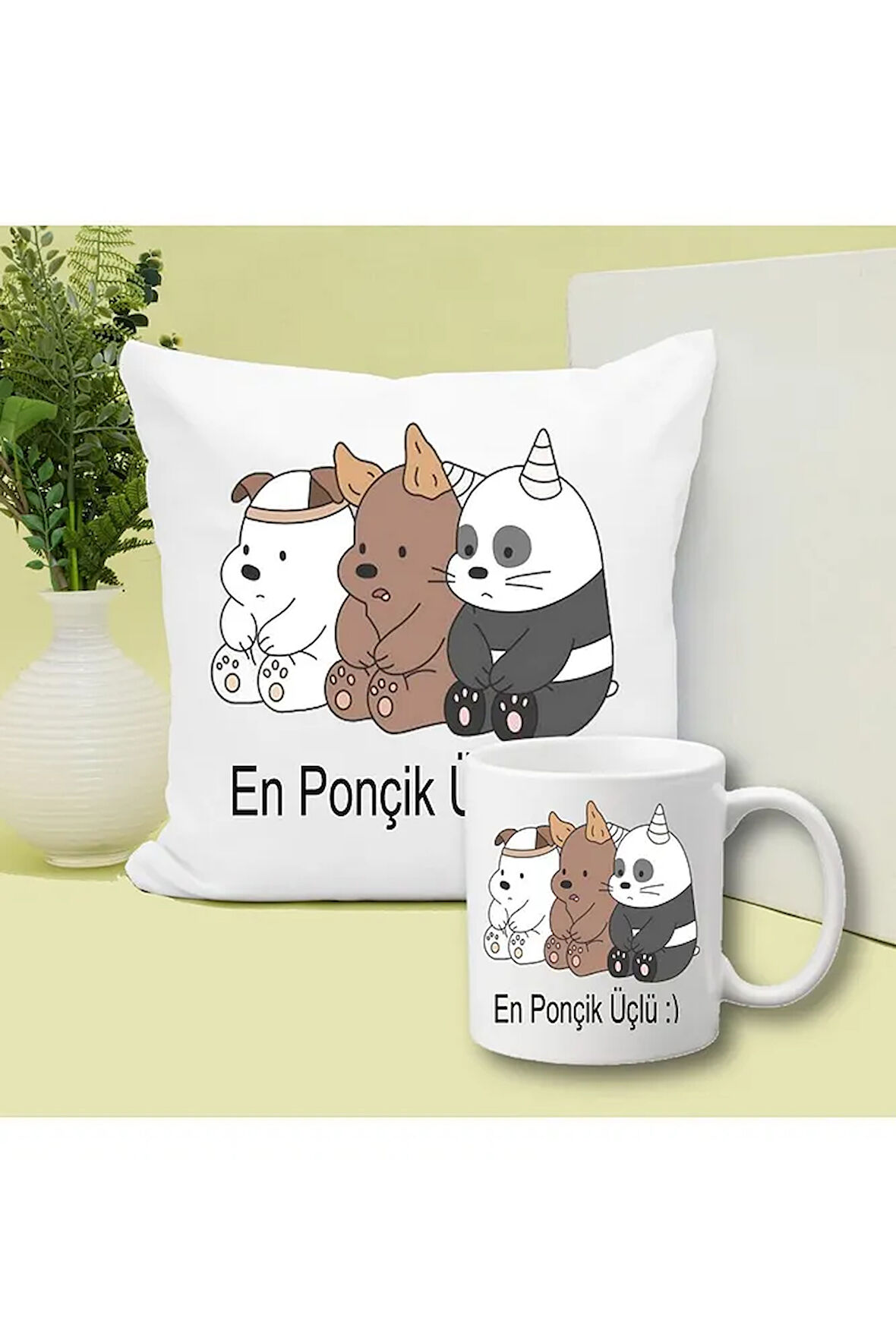 Ponçik Üçlü Kafadar Ayılar Baskılı Kupa ve Yastık Hediyelik Set Arkadaşa Hediye