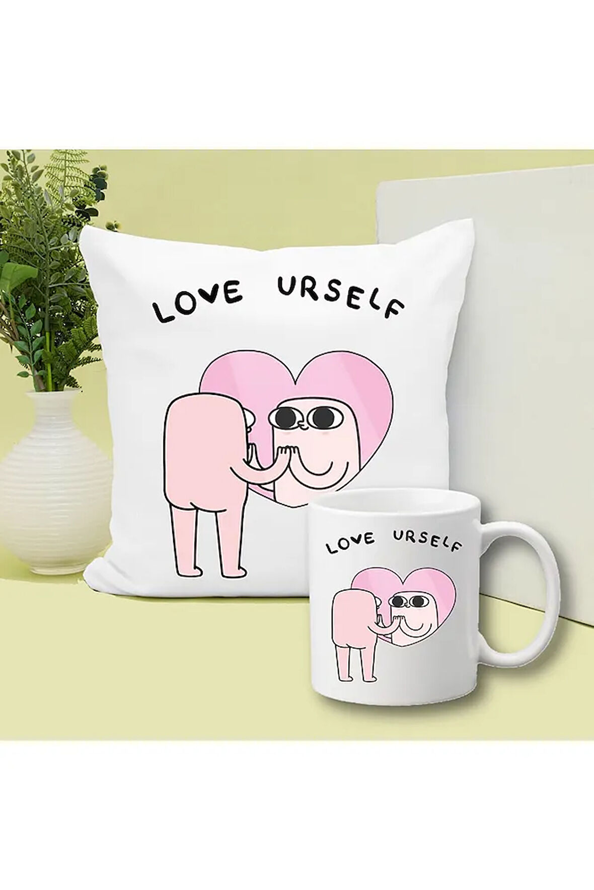 Love Urself Baskılı Kupa ve Yastık Hediyelik Set Arkadaşa Hediye