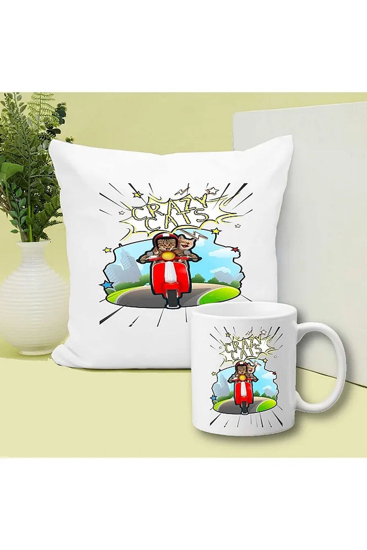 Crazy Cats Baskılı Kupa ve Yastık Hediyelik Set Arkadaşa Hediye