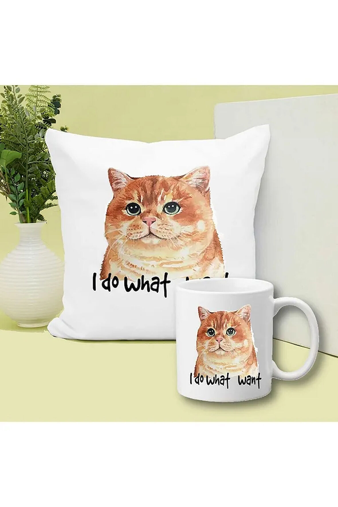 I Do What Want Cat Baskılı Kupa ve Yastık Hediyelik Set Arkadaşa Hediye