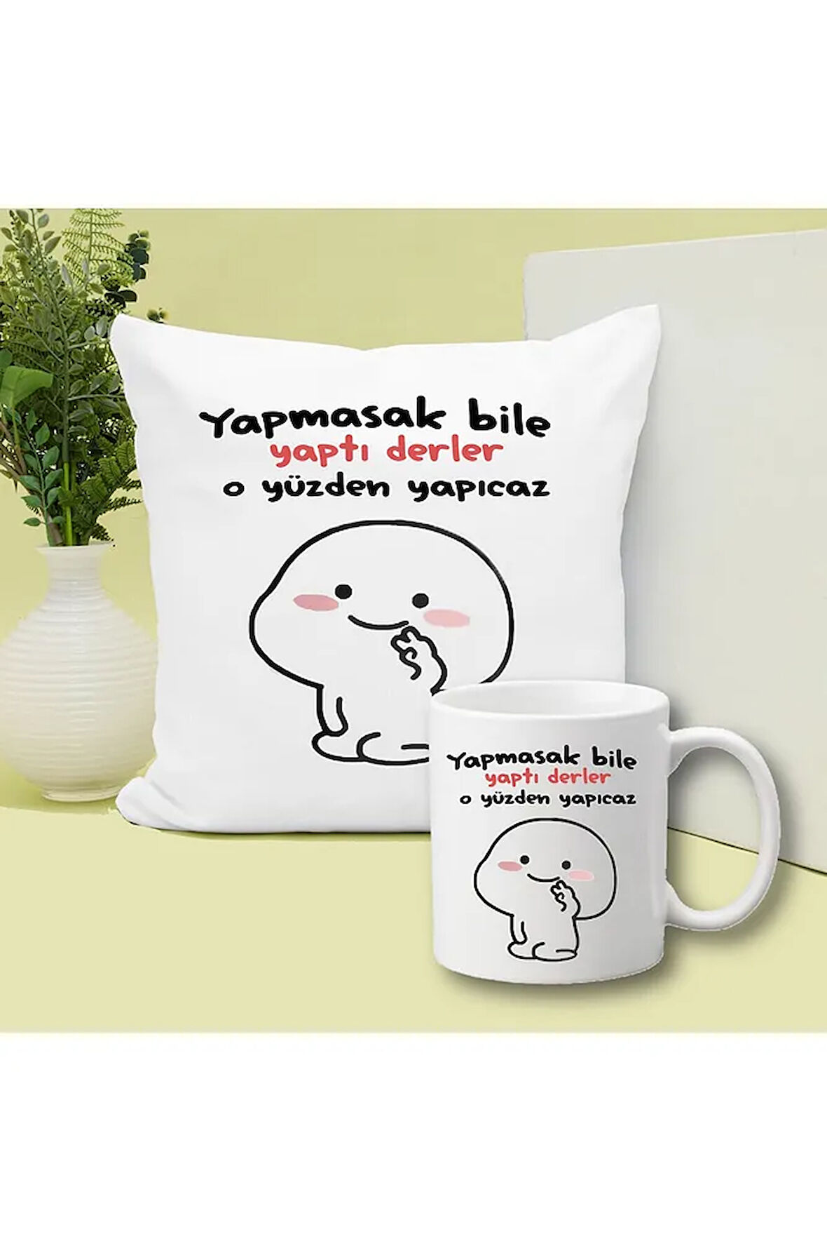 O Yüzden Yapacağız Yaptı Derler Baskılı Kupa ve Yastık Hediyelik Set Arkadaşa Hediye