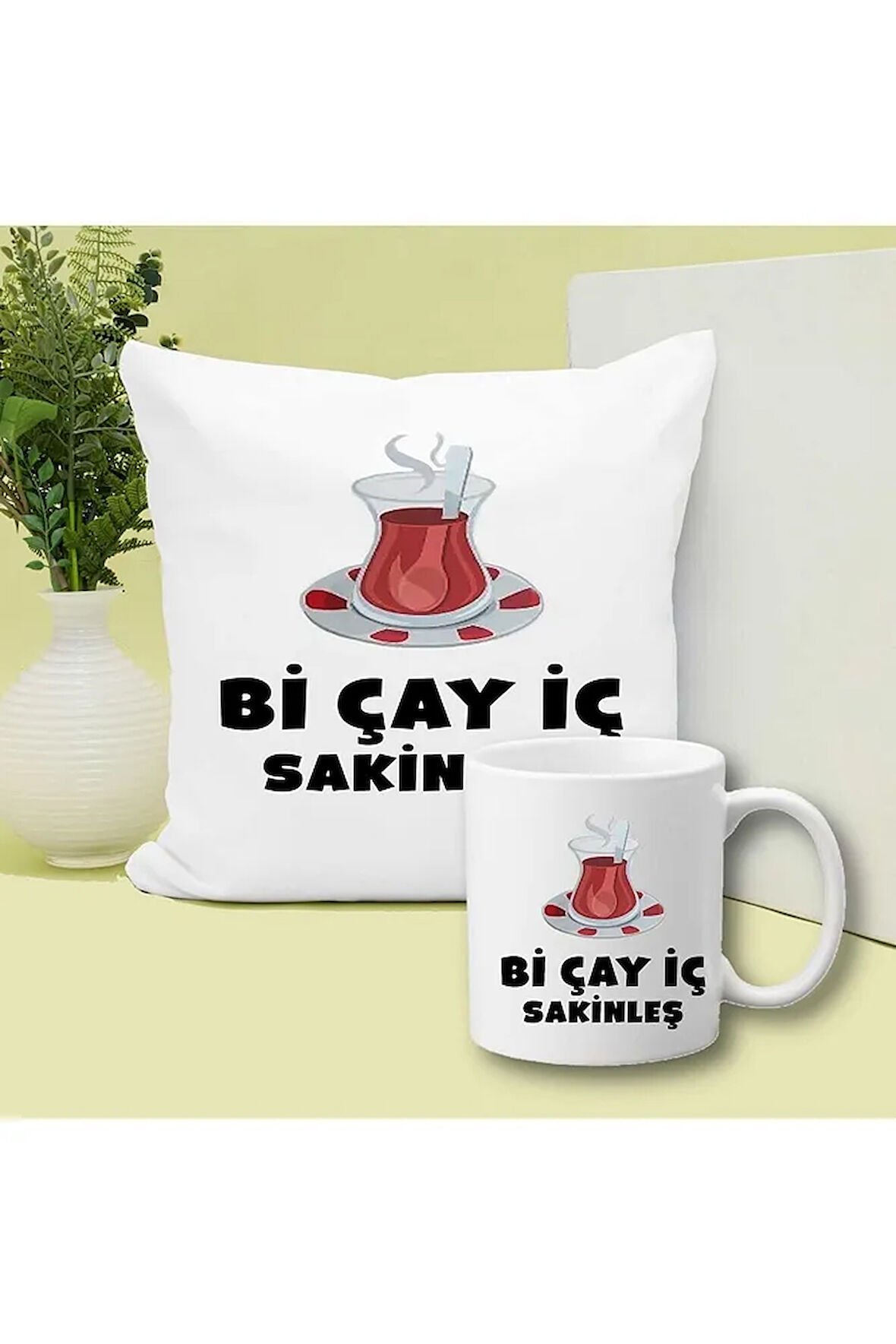 Çay İç Sakinleş Baskılı Kupa ve Yastık Hediyelik Set Arkadaşa Hediye