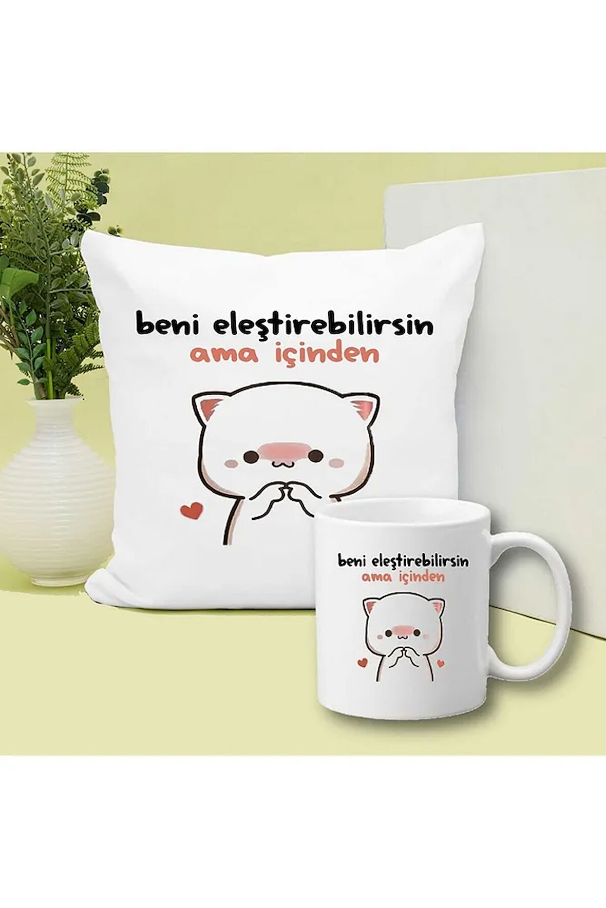 İçinden Eleştir Baskılı Kupa ve Yastık Hediyelik Set Arkadaşa Hediye