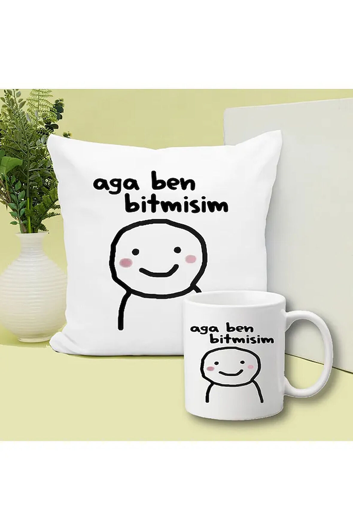 Aga Ben Bitmişim Baskılı Kupa ve Yastık Hediyelik Set Arkadaşa Hediye