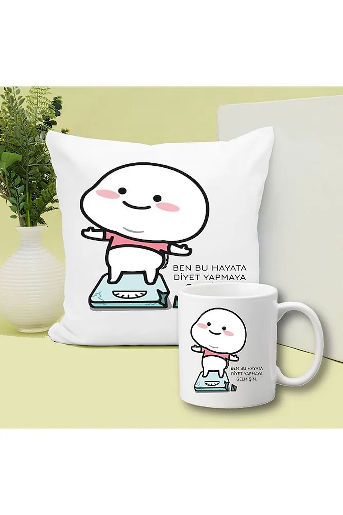 Diyet Yapmaya Mı Geldim Baskılı Kupa ve Yastık Hediyelik Set Arkadaşa Hediye