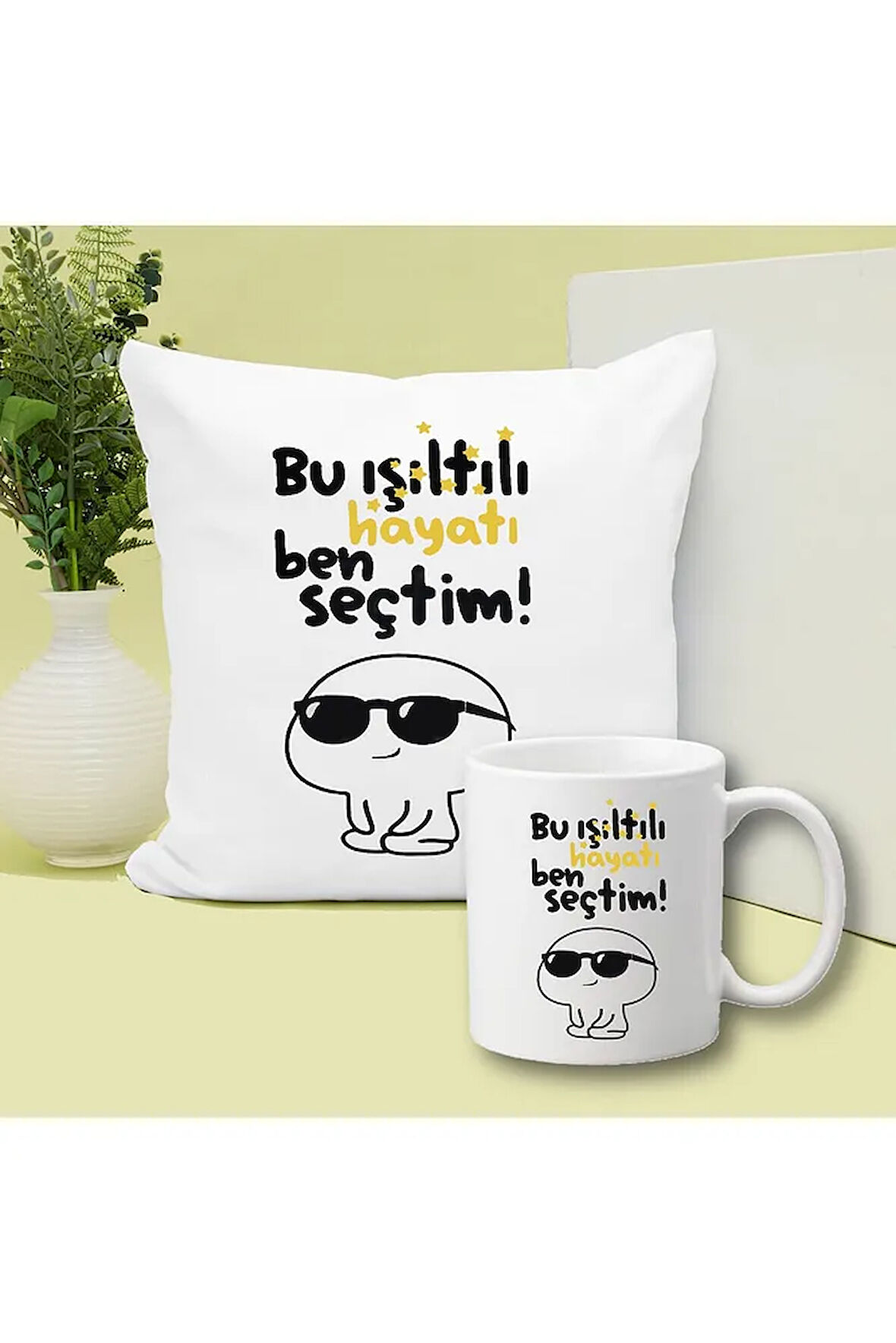Işıltılı Hayatı Ben Seçtim Baskılı Kupa ve Yastık Hediyelik Set Arkadaşa Hediye