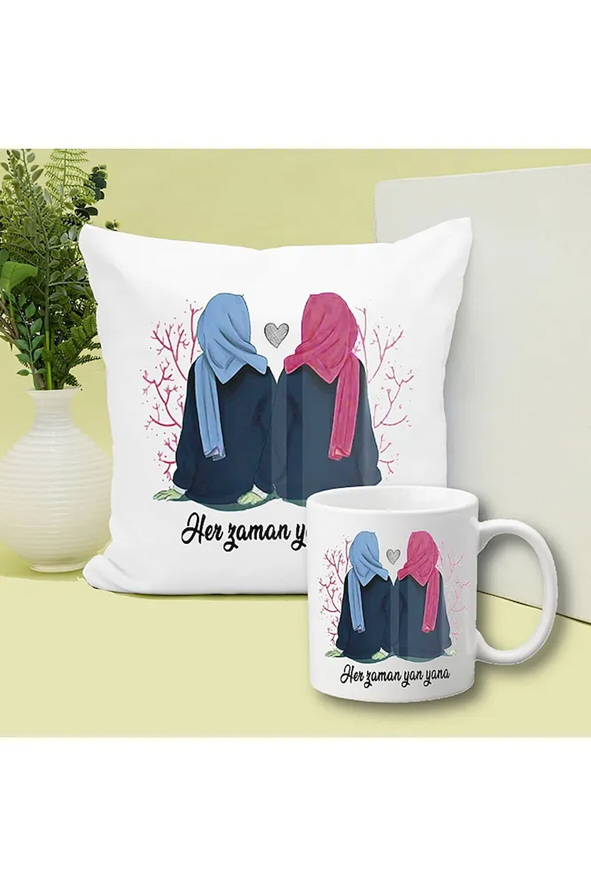 Her Zaman Yanyana Kardeşim Baskılı Kupa ve Yastık Hediyelik Set Arkadaşa Hediye