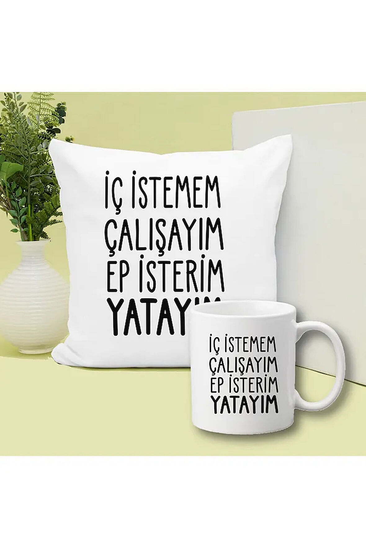 Hep İsterim Yatayım Baskılı Kupa ve Yastık Hediyelik Set Arkadaşa Hediye