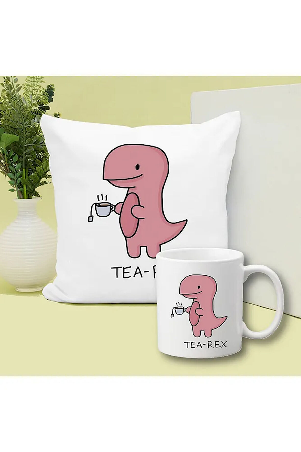 Tea Dinazor Tea Rex Baskılı Kupa ve Yastık Hediyelik Set Arkadaşa Hediye