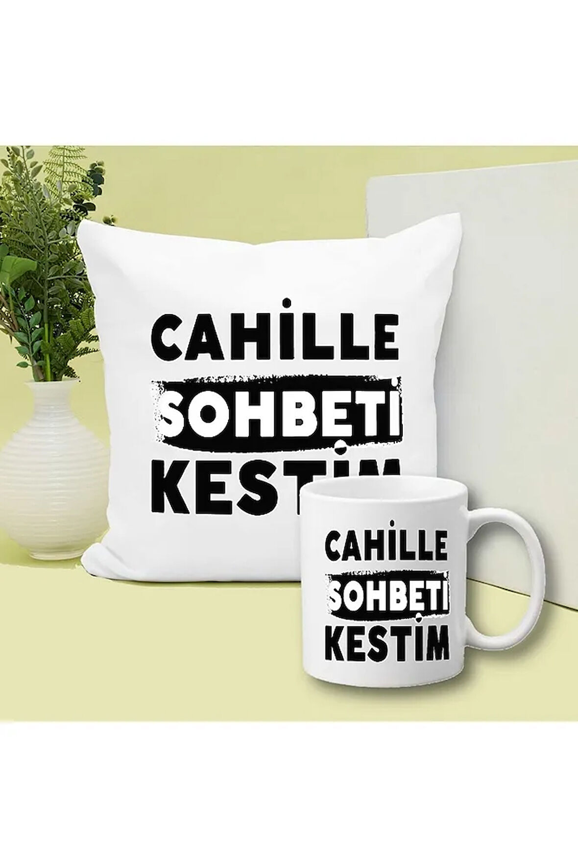 Cahillle Sohbeti Kestim Baskılı Kupa ve Yastık Hediyelik Set Arkadaşa Hediye