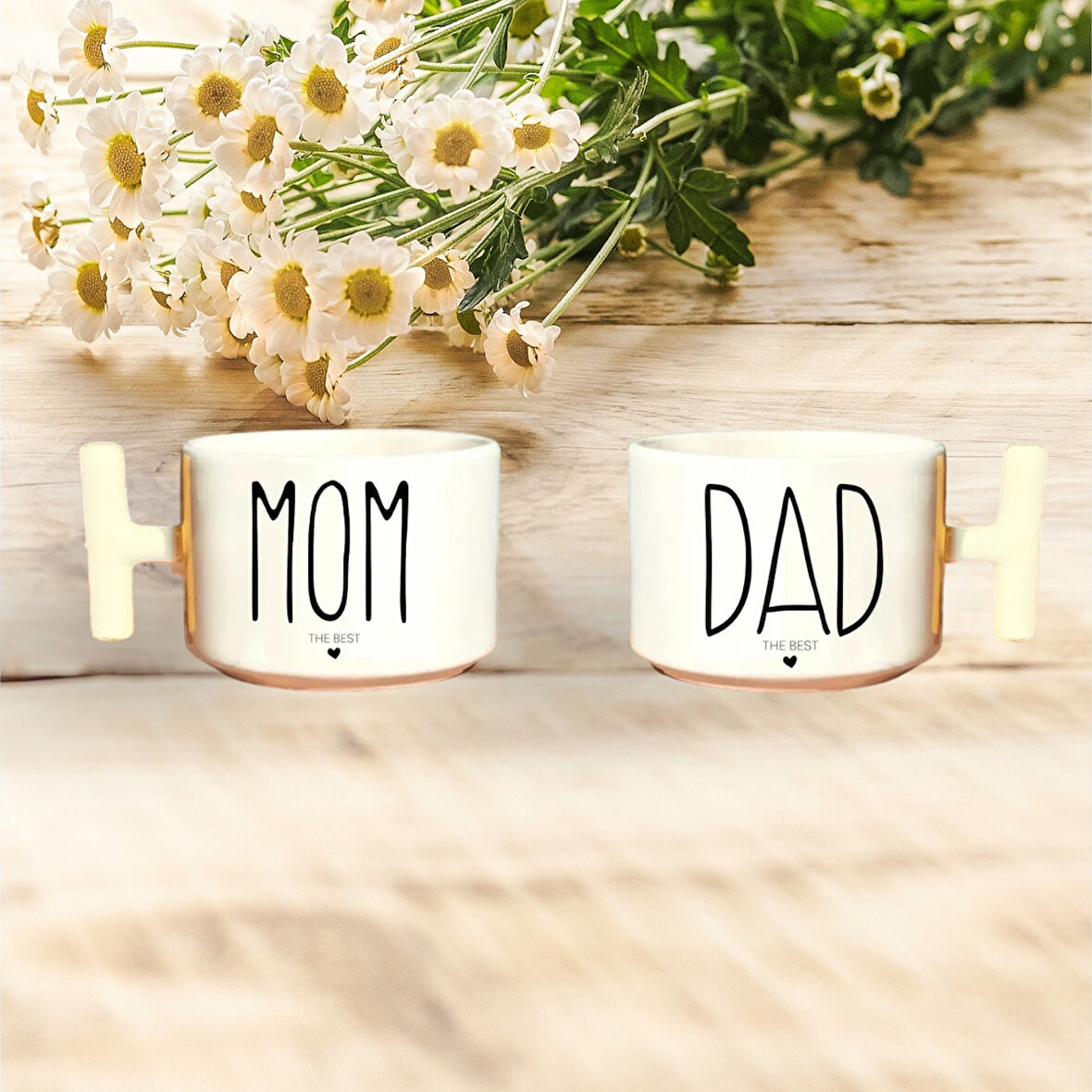 Hediyemi  Mom Dad The Best Baskılı Çift 2'li Beyaz T Kulp Kupa Bardak