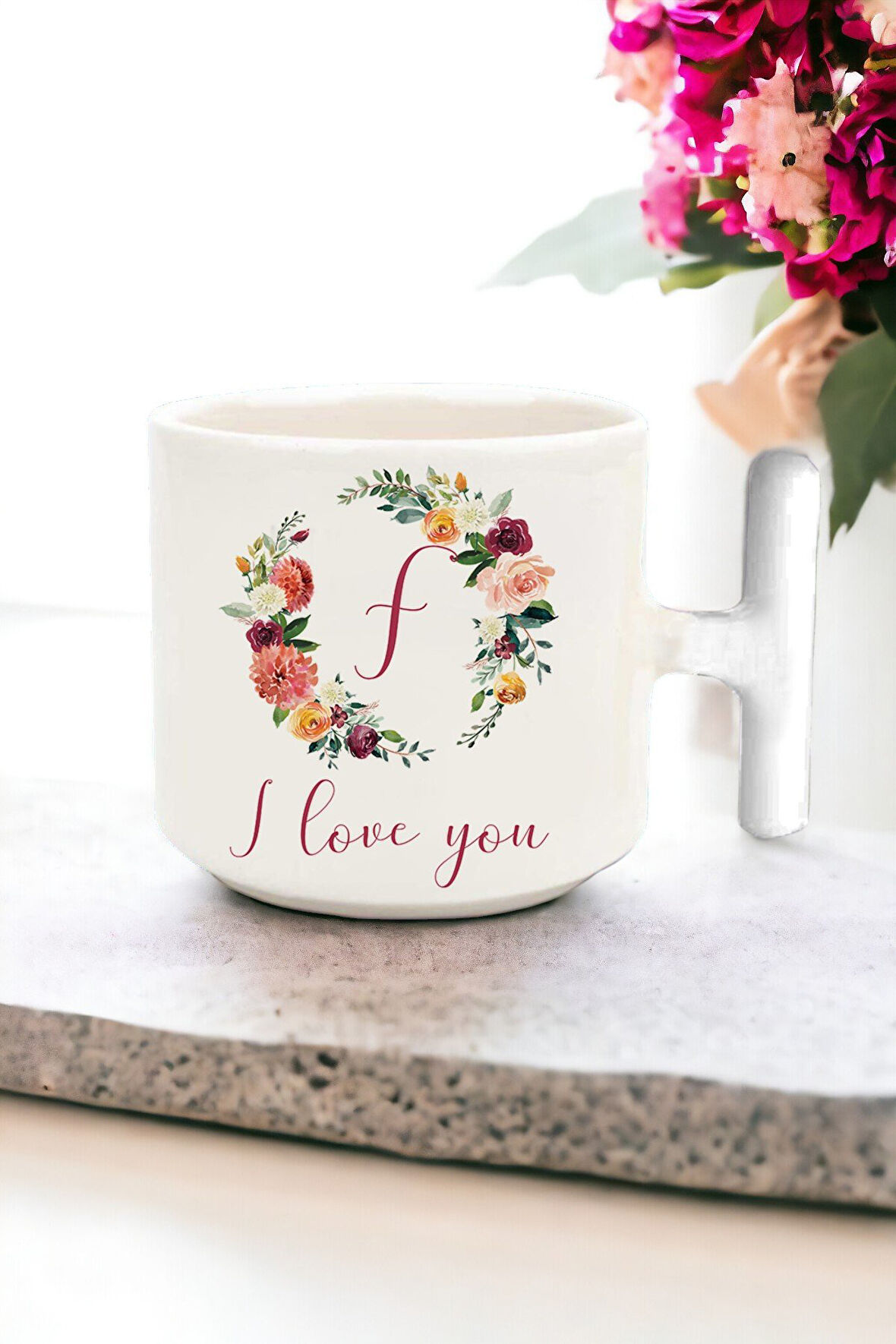 F Harf I love You Desen Krem Renk Latte Fincan Kupa - Beyaz Kulp