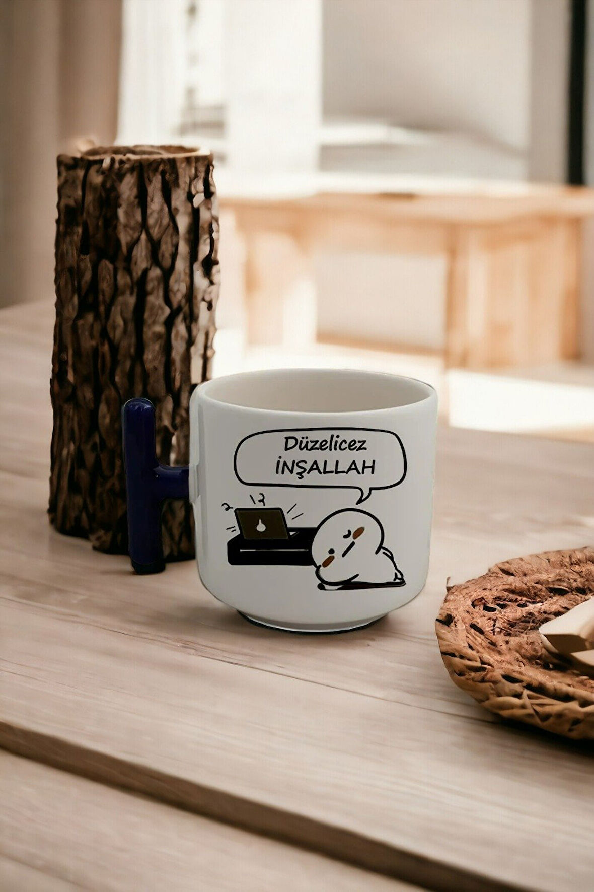 EFl Düzelicez Inşallah Yazılı Mochi Cat Baskılı Latte & Espresso El Yapımı T Kulplu Kupa