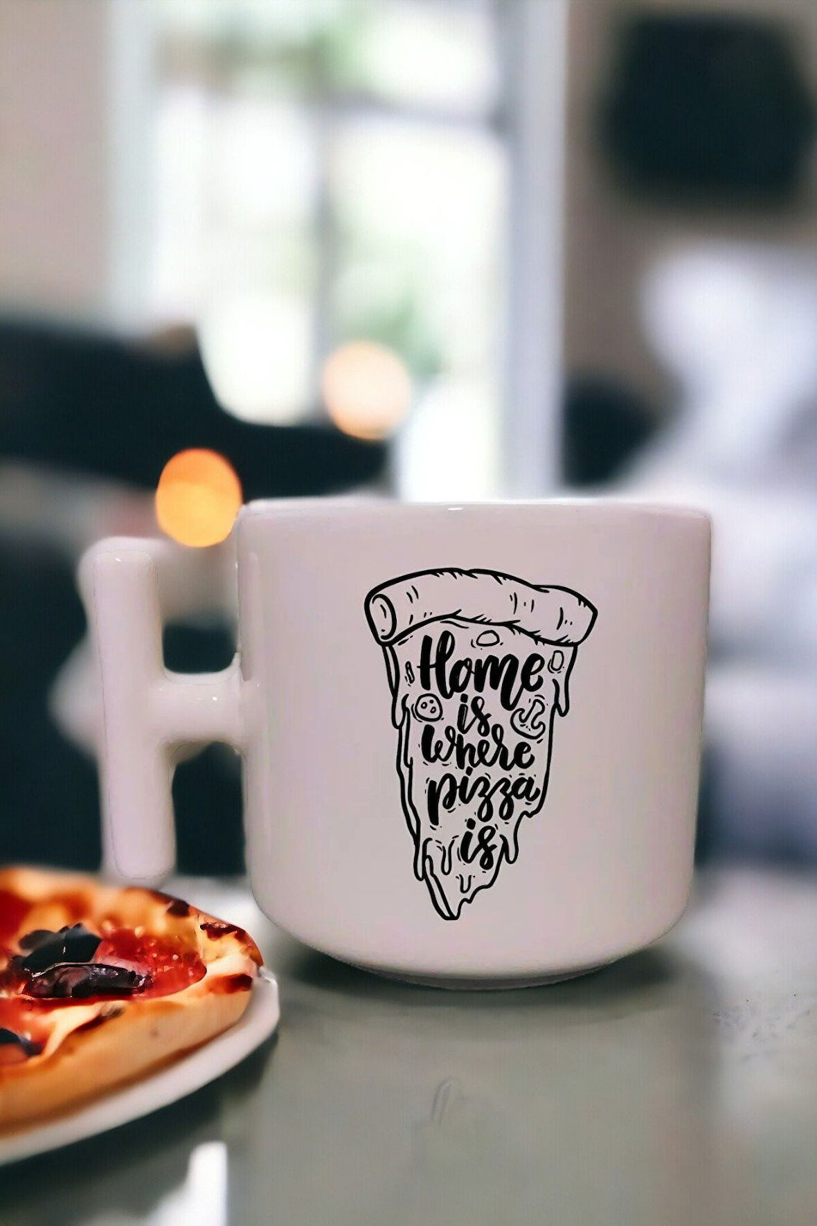 Hediyemi Home Is Where Pizza Is Yazılı  T Saplı Eğlenceli Özel Tasarım Kupa Bardak Latte Bardağı