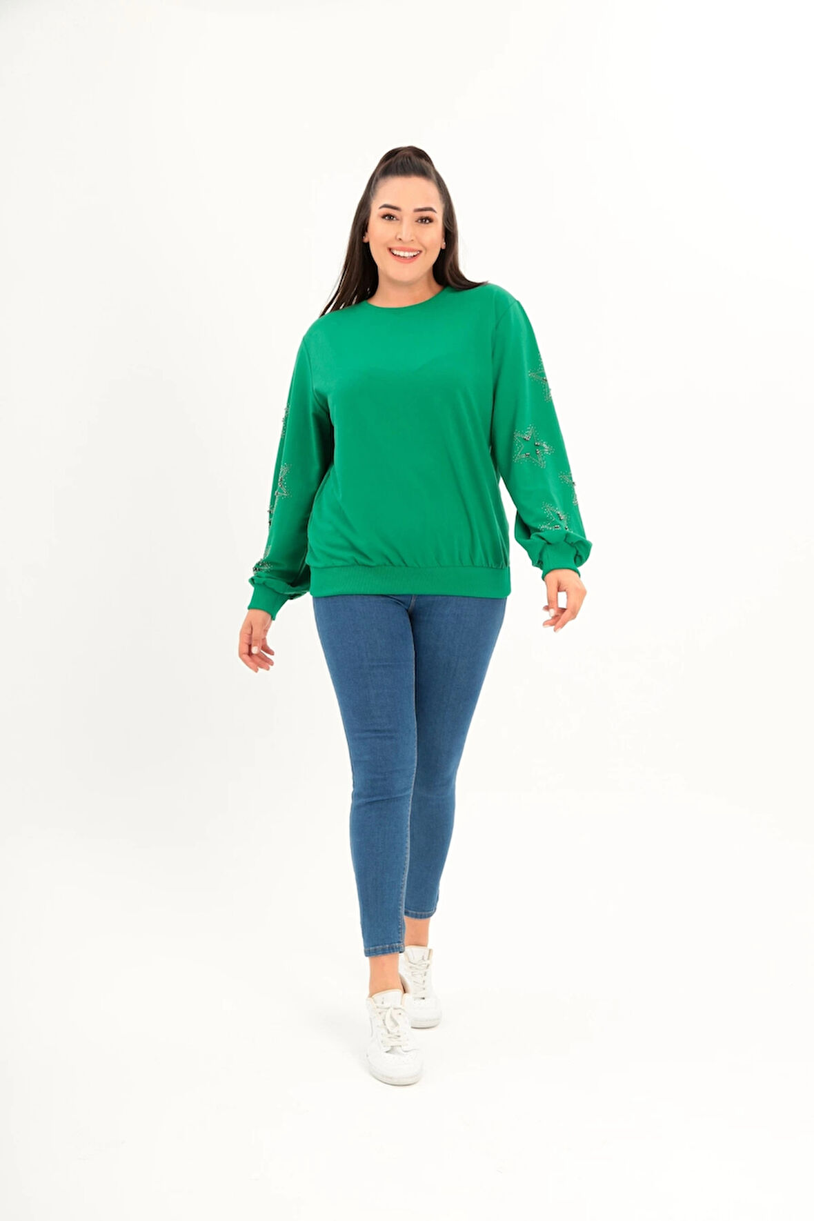 Kolları Yıldız Taş Baskılı Sweatshirt