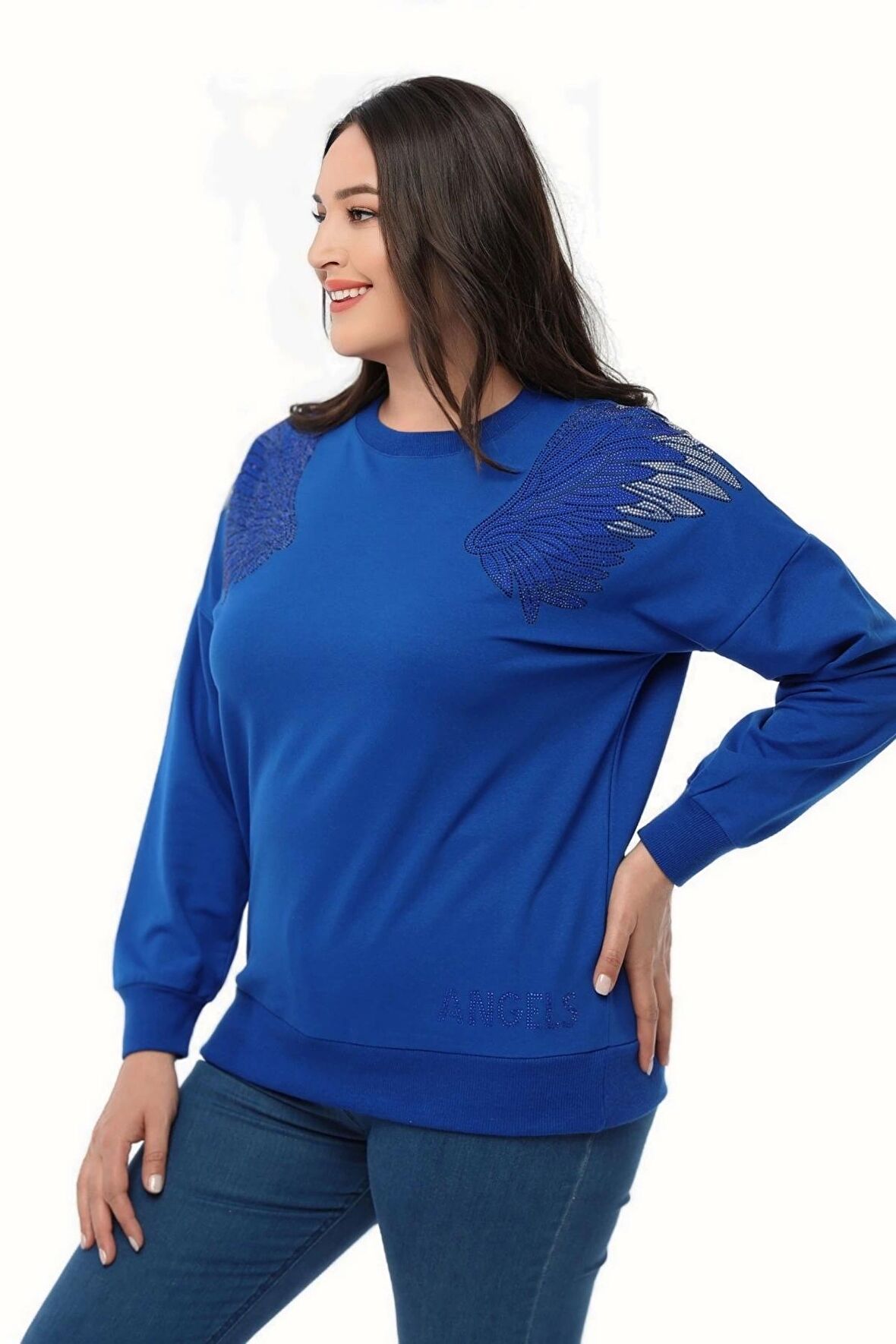 Omuzları Kanat Taş Baskılı Sweatshirt