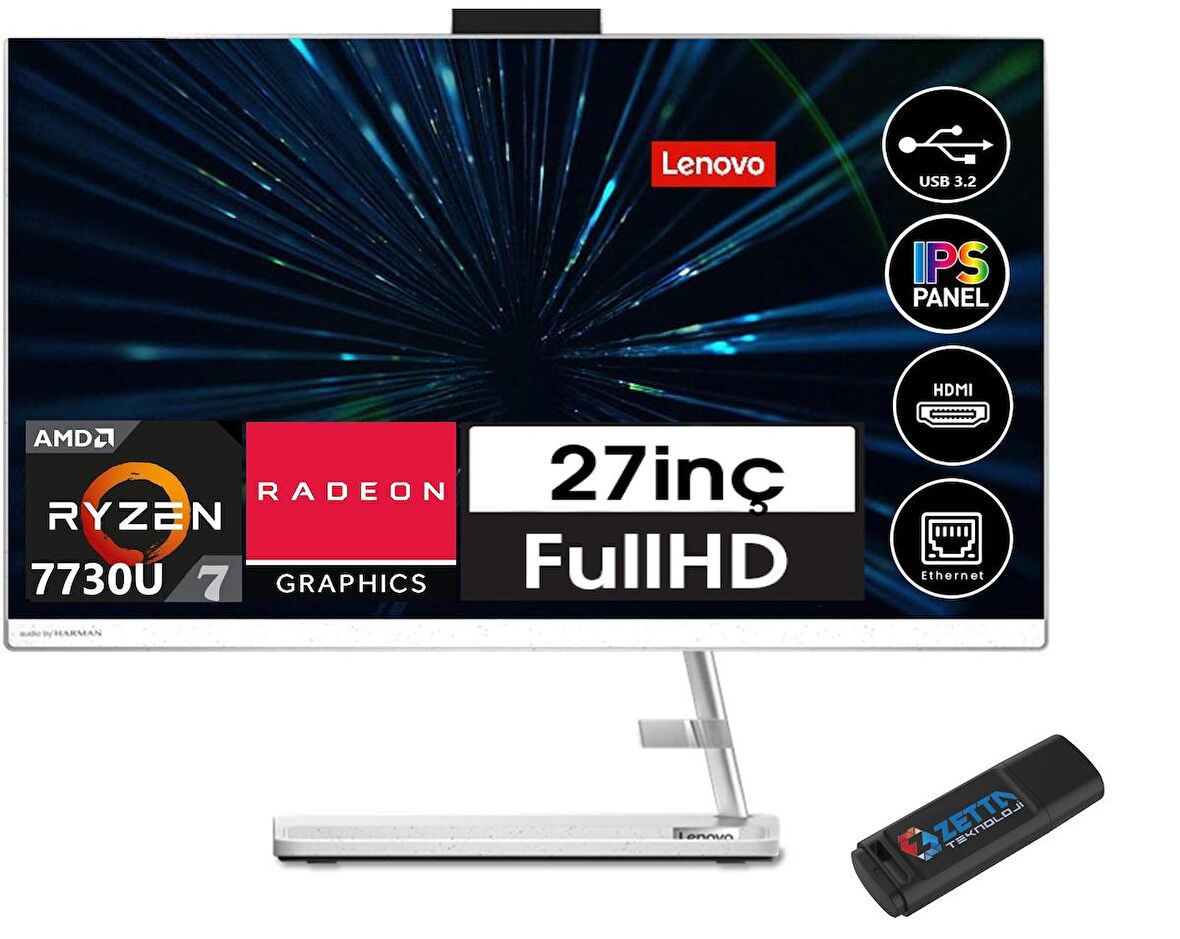 Lenovo Ideacentre AIO 3 FF0FY00HRTX32 AMD Ryzen 7 7730U 64 GB Ram 2 TB SSD Radeon Graphics 27" Full HD All in One PC + Zetta Flash Bellek