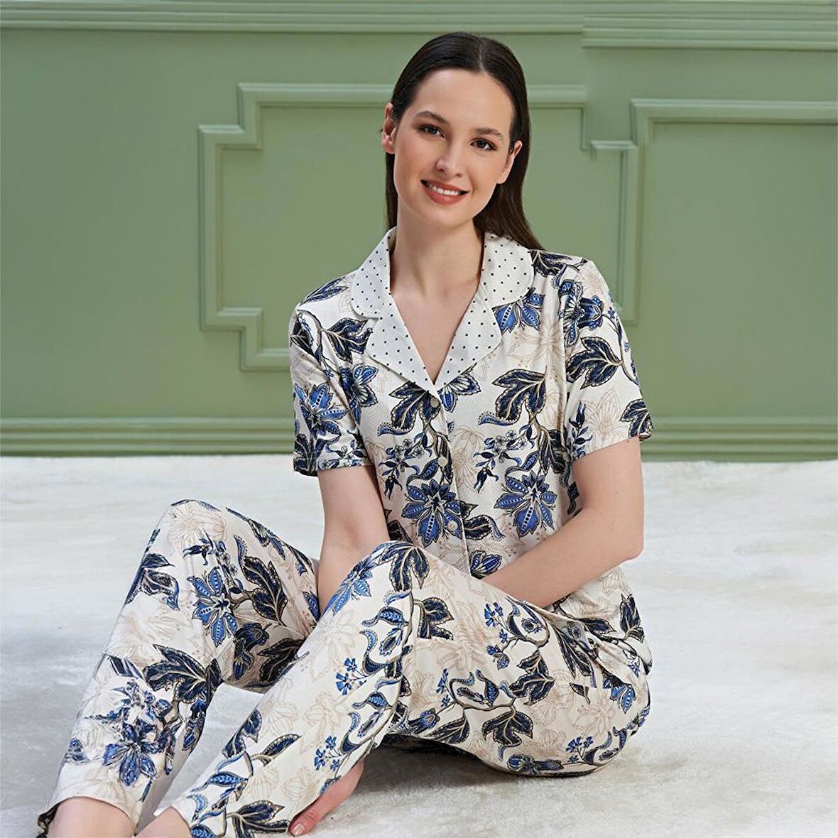 Over Sleep 1322 Kadın Kısa Kol Önden Düğme Pijama Takım