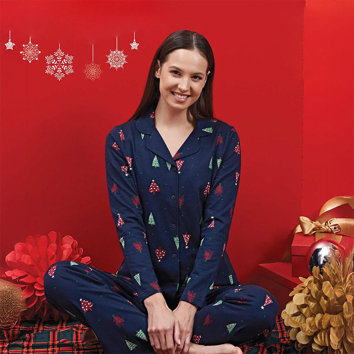Over Sleep 1608 Kadın Kışlık Yılbaşı Penye Şardonlu Pijama Takım