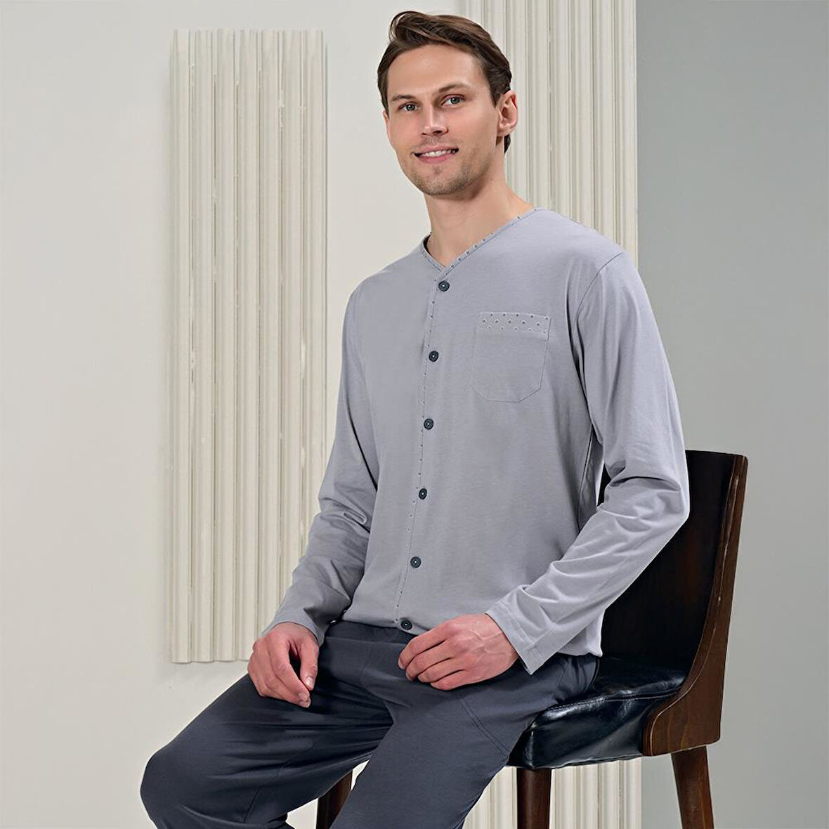Over Sleep 1706 Erkek Süprem Uzun Kol Büyük Beden Pijama Takım