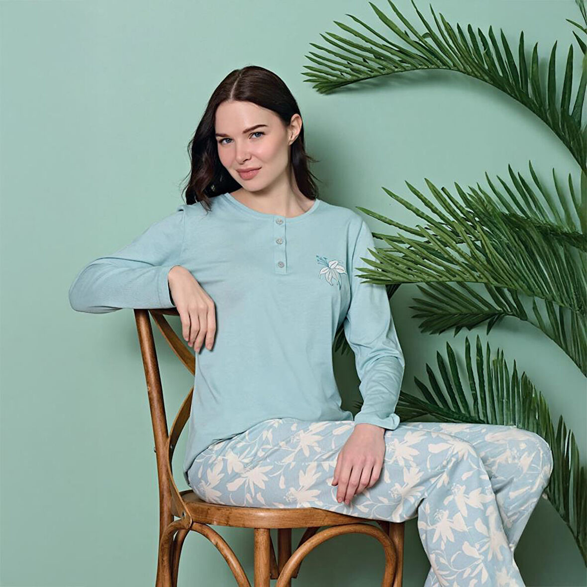 Over Sleep 1807 Kadın Uzun Kol Süprem-Modal  Dört Mevsim Pijama Takım