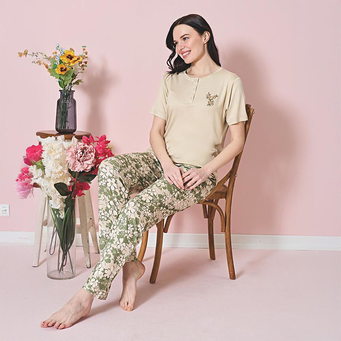 Over Sleep 1827 Kadın Kısa Kol Viskon Yazlık Pijama Takım