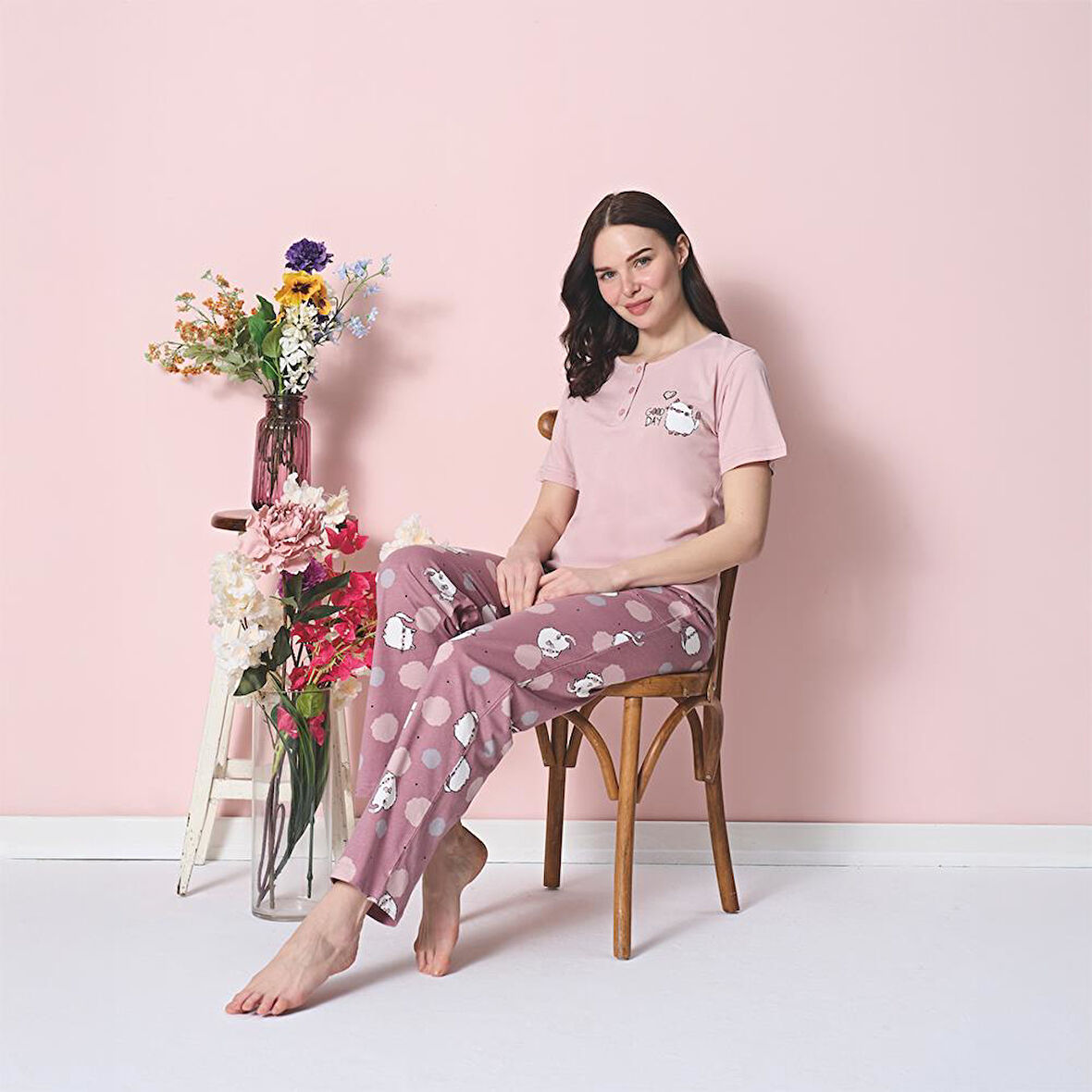 Over Sleep 1868 Kadın Kısa Kol Uzun Alt Yazlık Modal Pijama Takım