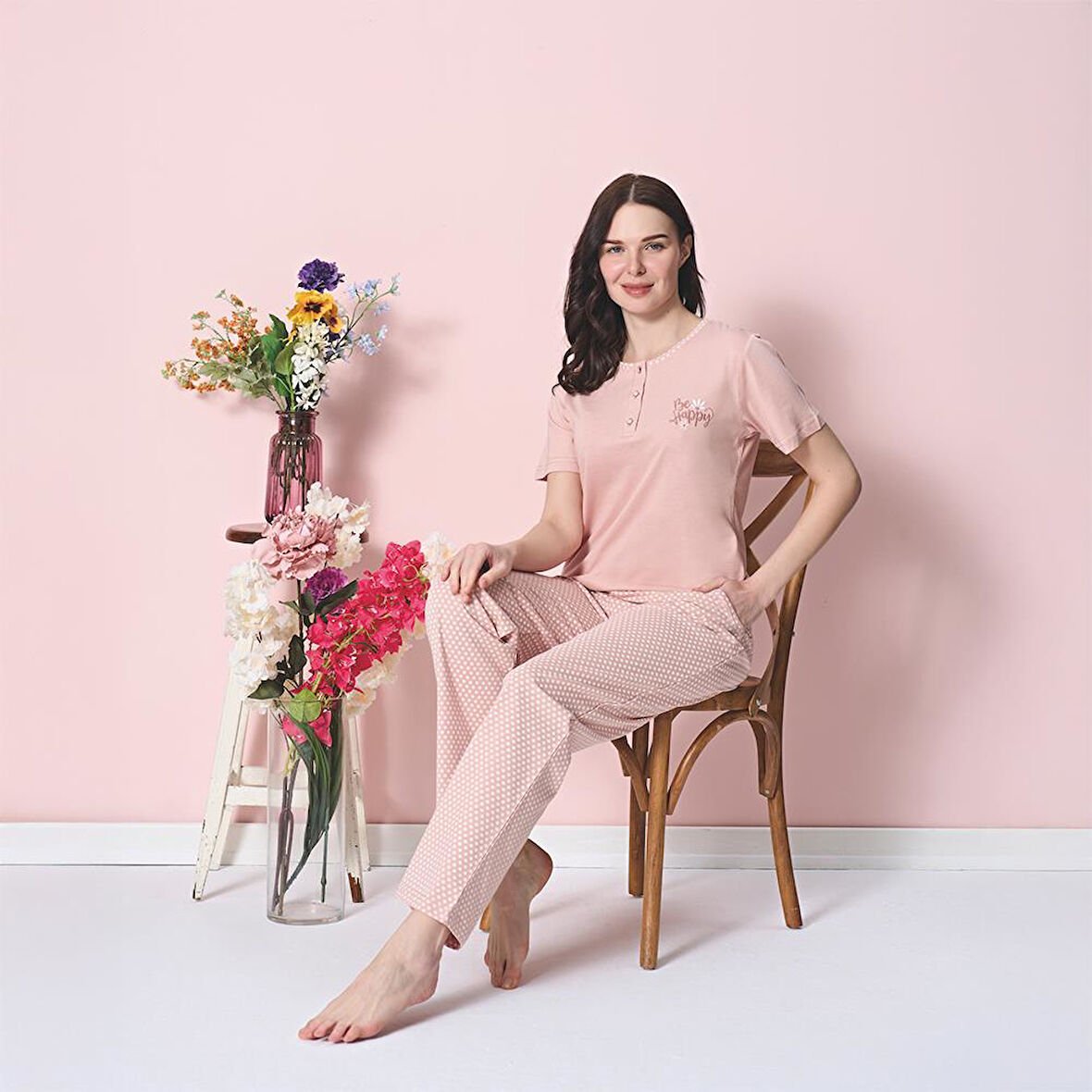 Over Sleep 1872 Kadın Kısa Kol Uzun Alt Yazlık Modal Pijama Takım
