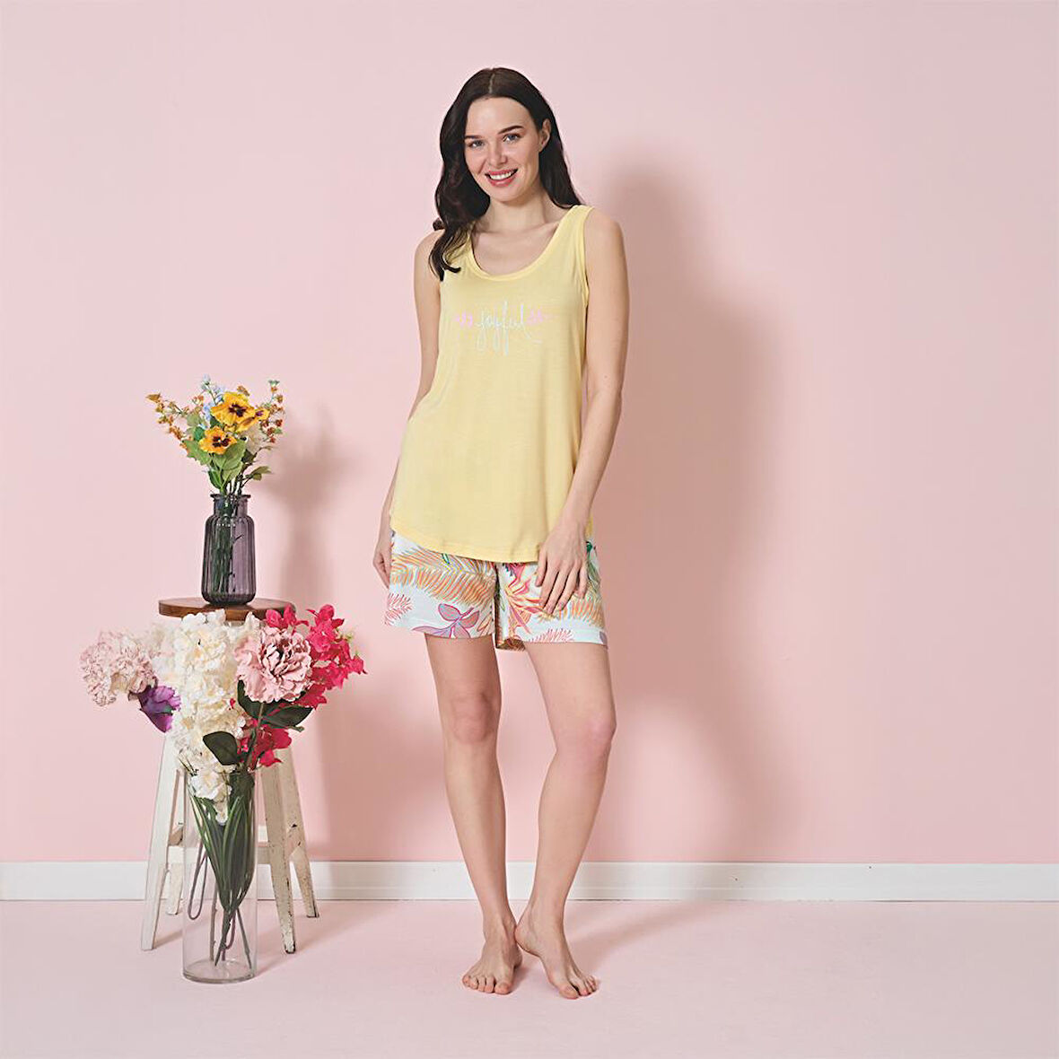 Over Sleep 1959 Kadın Yazlık Şortlu Askılı Viskon Pijama Takım