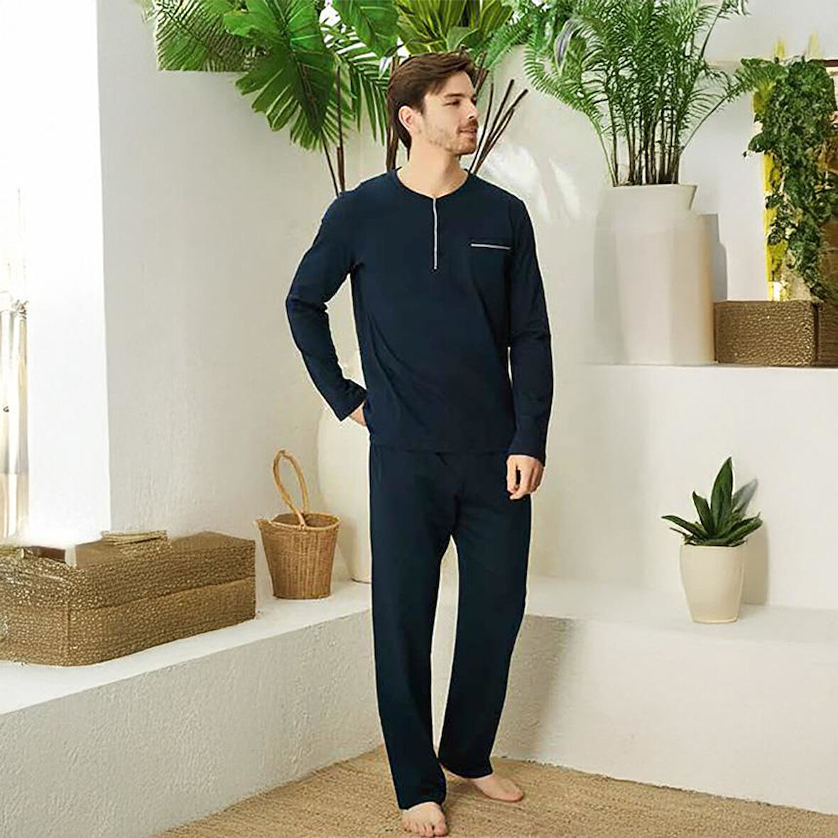 Elitepoint 1555 Erkek Yazlık Büyük Beden Uzun Kol Uzun Alt Pijama Takımı