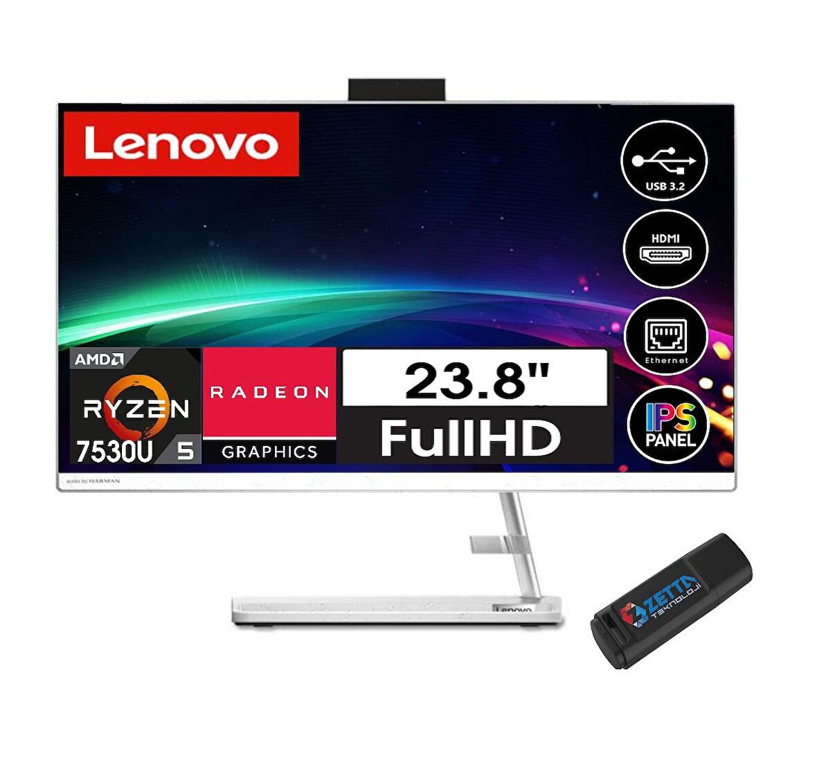 Lenovo Ideacentre AIO 3 BF0G100TKTX14 AMD Ryzen 5 7530U 64 GB Ram 512 GB SSD Radeon Graphics 23.8" Full HD All in One PC + Zetta Flash Bellek
