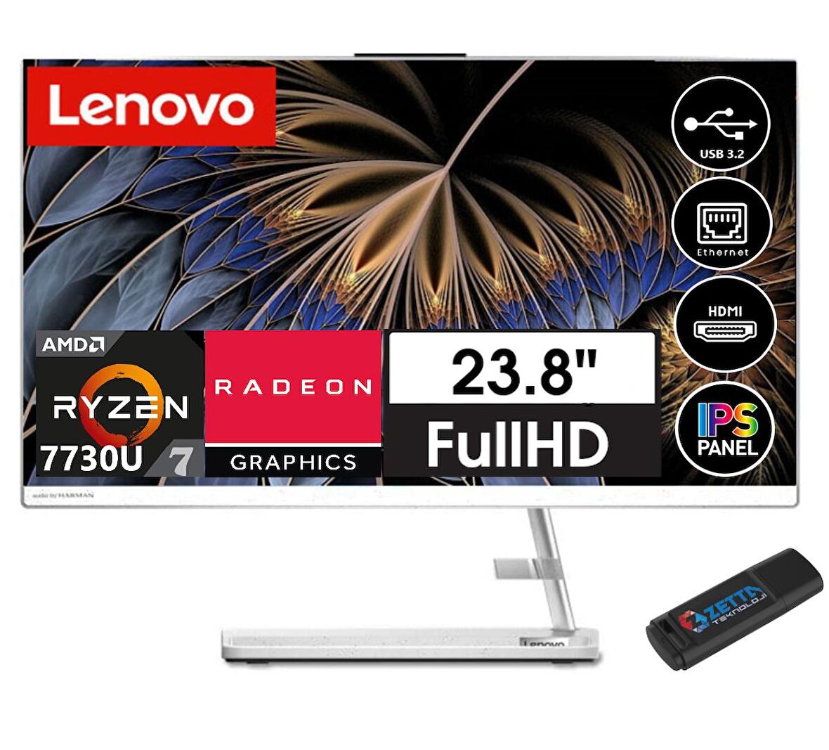 Lenovo Ideacentre AIO 3 BF0G100TMTX05 AMD Ryzen 7 7730U 16 GB Ram 256 GB SSD Radeon Graphics 23.8" Full HD All in One PC + Zetta Flash Bellek