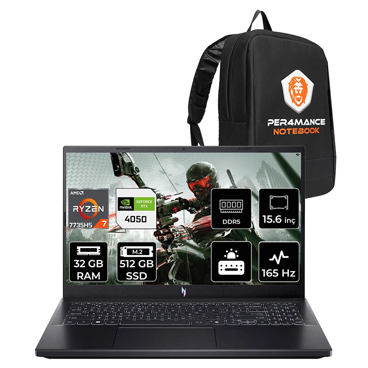 Acer Nitro V15 R7 7735HS 32GB 512GB SSD RTX4050/6GB 75W 15.6'' FHD 165Hz FDOS Gaming Laptop & ÇANTA