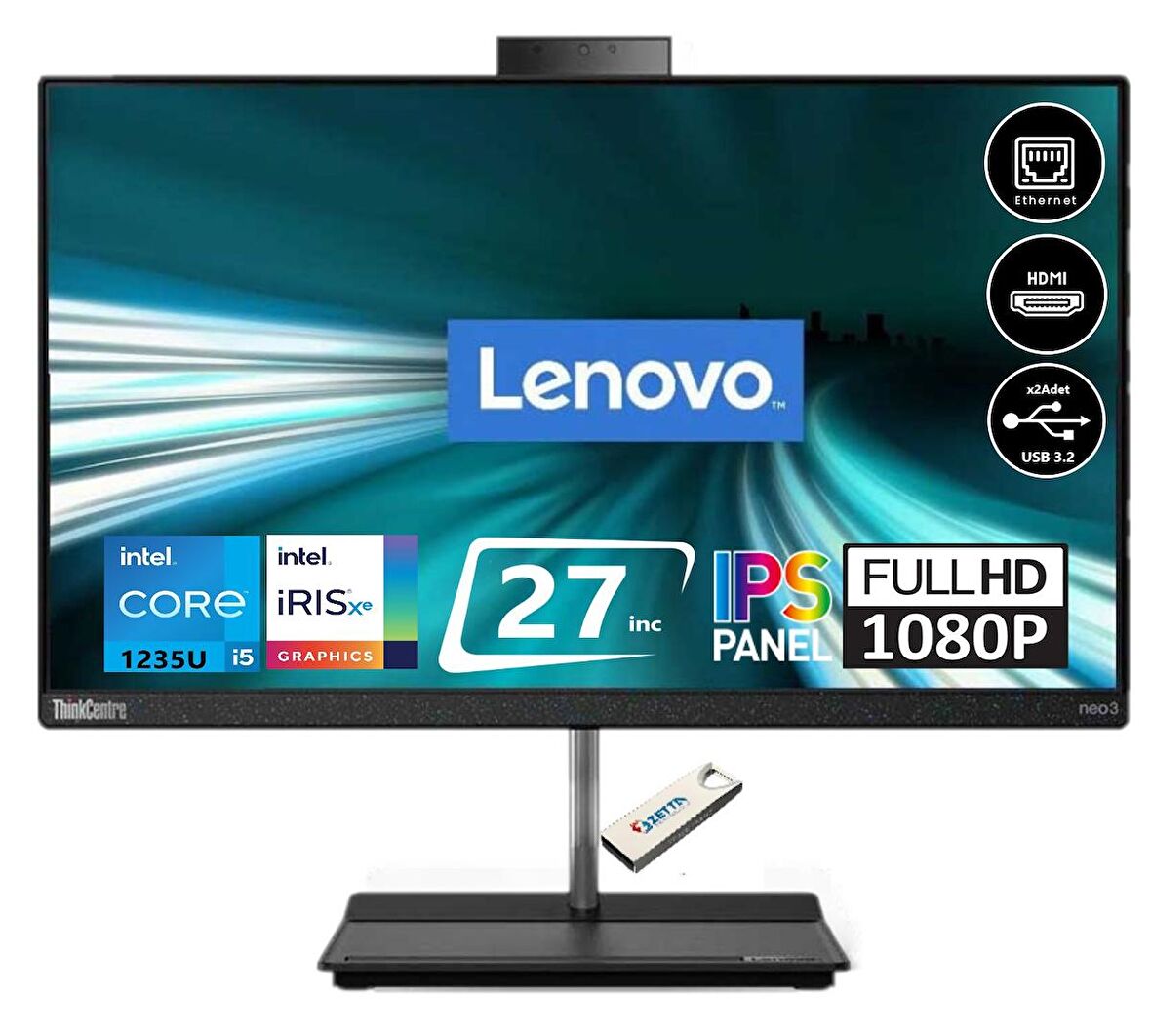 Lenovo Neo 30A 12CA0025TX14 Intel Core i5-1235U 64 GB Ram 512 GB SSD Iris Xe Graphics 27" Full HD All in One PC + Zetta Flash Bellek