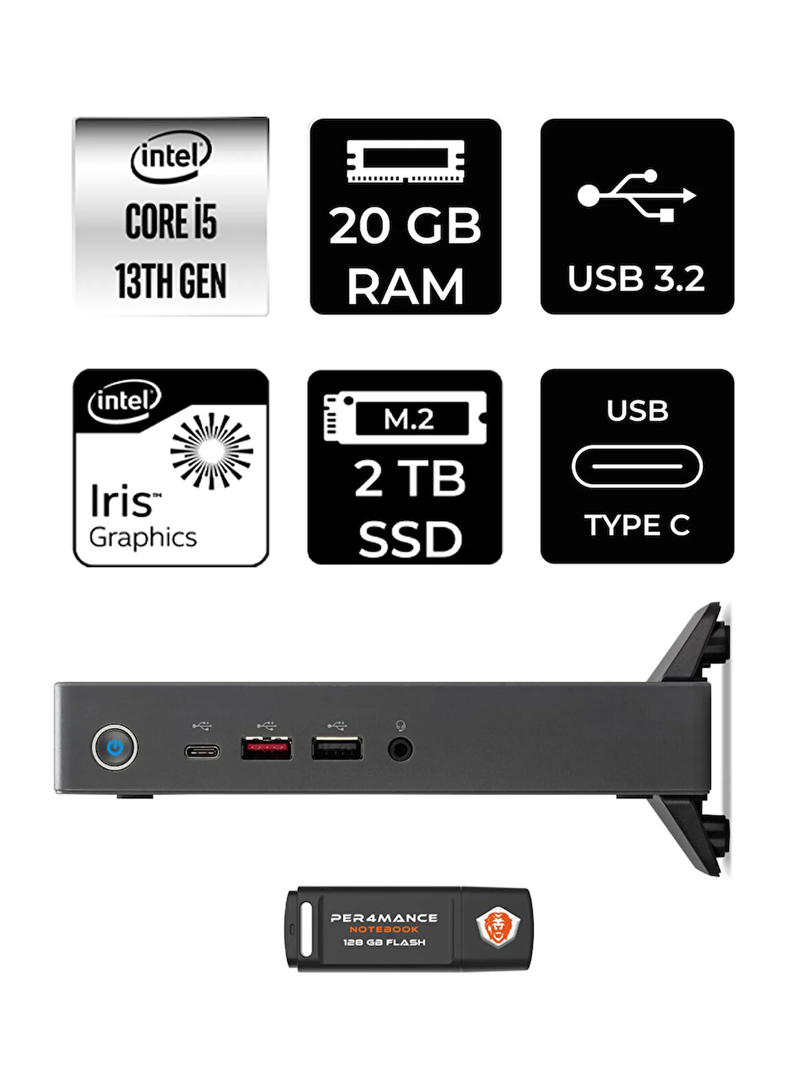 Acer Veriton 2000 i5 1334U 20GB 2TB SSD W11H Mini Masaüstü Bilgisayar & PER4 USB Bellek