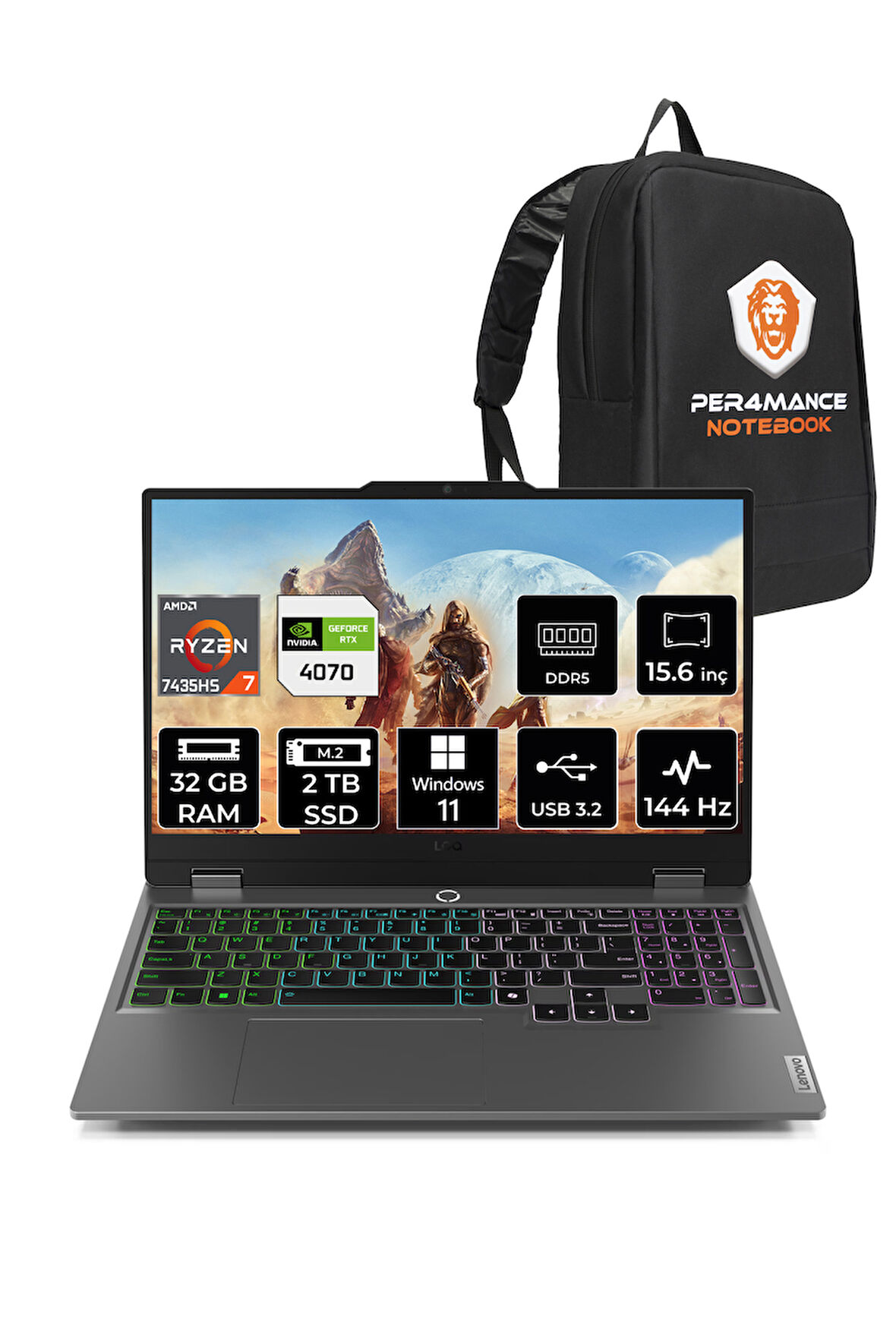 Lenovo LOQ R7 7435HS 32GB 2TB SSD RTX4070/8GB 115W 144Hz FHD 15.6" W11P Gaming Laptop & PER4 ÇANTA