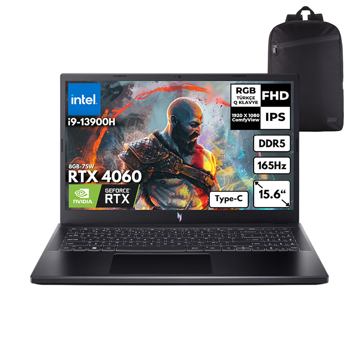 Acer Nitro ANV15-51 I9-13900H 32-GBDDR5 1 TBSSD RTX 4060 (8GB-75W) 15.6" FHD 165Hz Windows 11 Home + HMF Sırt Çantası NH.QQEEY.007HMF32