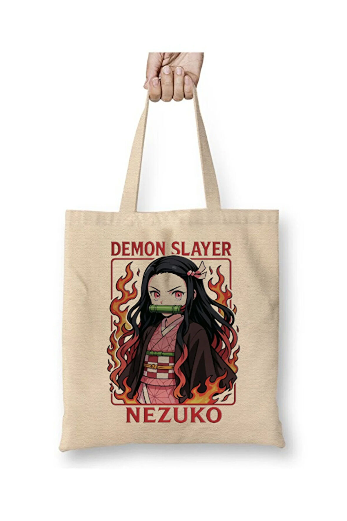 Demon Slayer İblis Keser Nezuko Bez Çanta Uzun Saplı Alışveriş Çantası Plaj Çantası