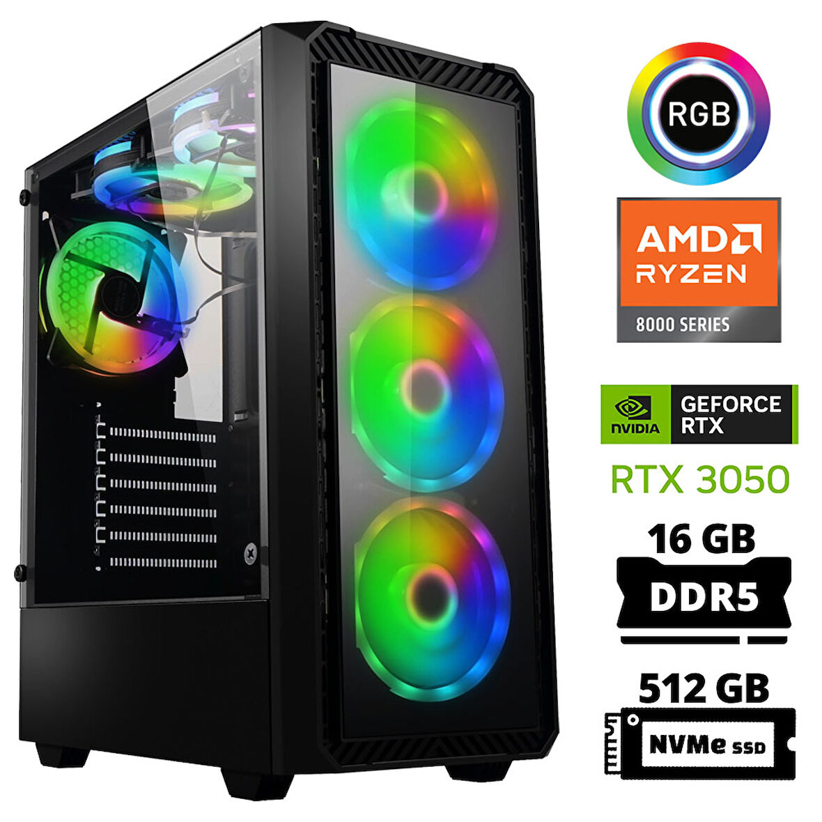 Xaser Delux X7 Ryzen 5 8400F 16GB DDR5 Ram 512GB M.2 NVMe SSD 6GB RTX3050 Masaüstü Oyuncu Bilgisayarı