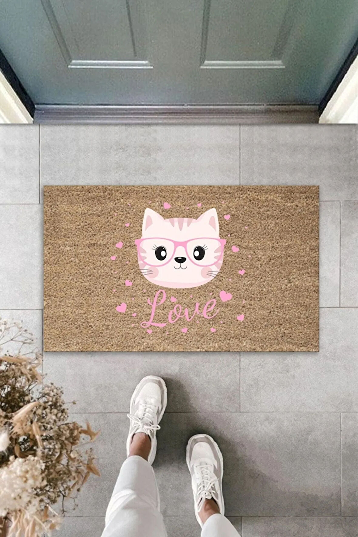 Dijital Baskı Kalitesi Gri Kedilerle Bezenmiş Cats Yazılı Dekoratif Kapı Paspası