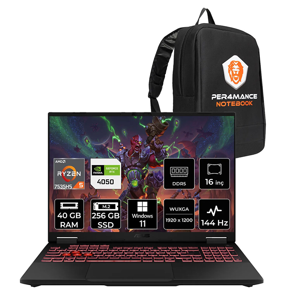 Asus TUF Gaming A16 R5 7535HS 40GB 256GB SSD RTX4050/6GB 140W 144Hz 16'' WUXGA W11P Laptop FA607NU