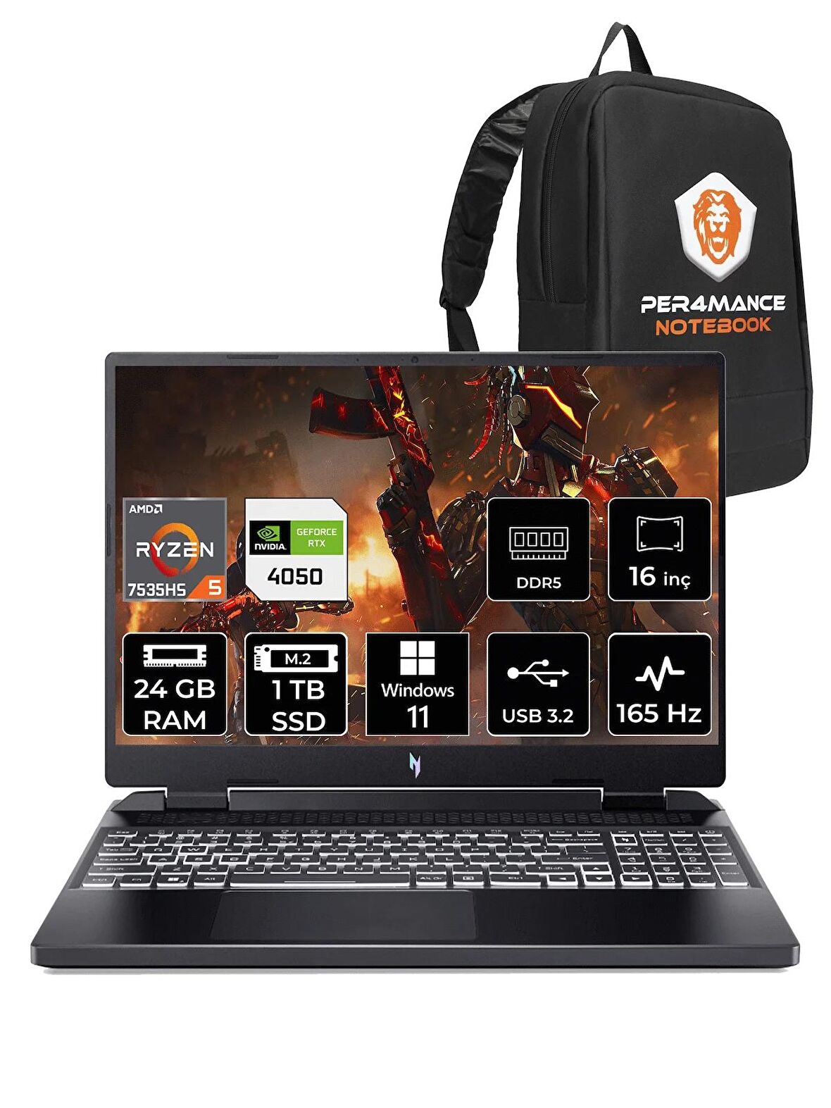 ACER Nitro 16 R5 7535HS 24GB 1TB SSD RTX4050/6GB 165HZ 16'' WUXGA W11H NH.QKBEY.003 & PER4 ÇANTA