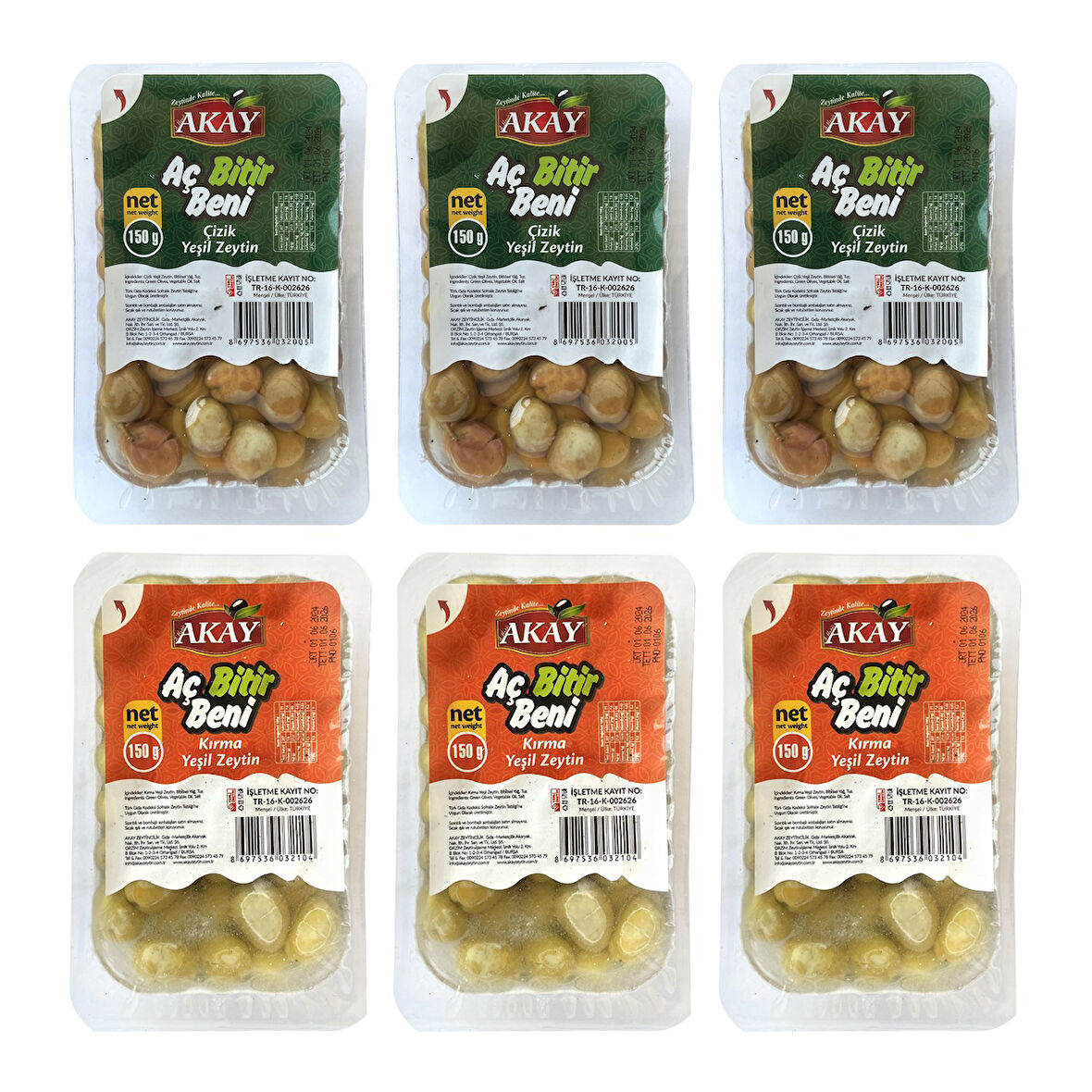 Akay Yeşil Zeytin Kırma ve Çizik Aç Bitir 150 gr 6 lı Karma Paket