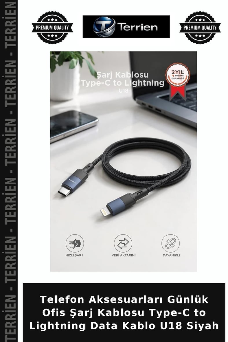 Telefon Aksesuarları Günlük Ofis Şarj Kablosu Type-C to Lightning Data Kablo U18 Siyah