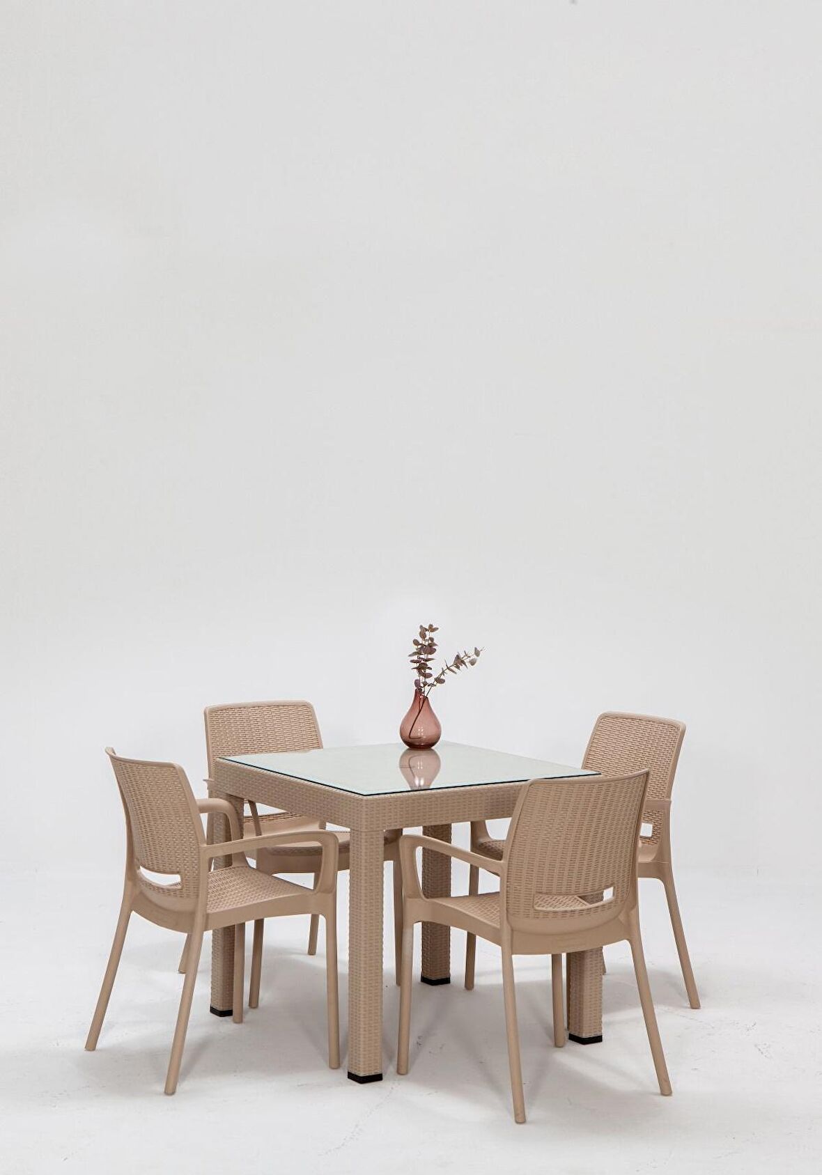 Rattan Small Lüx Camlı Cappucino Masa Takımı Bahçe&balkon 1 Camlı Masa + 4 Sandalye