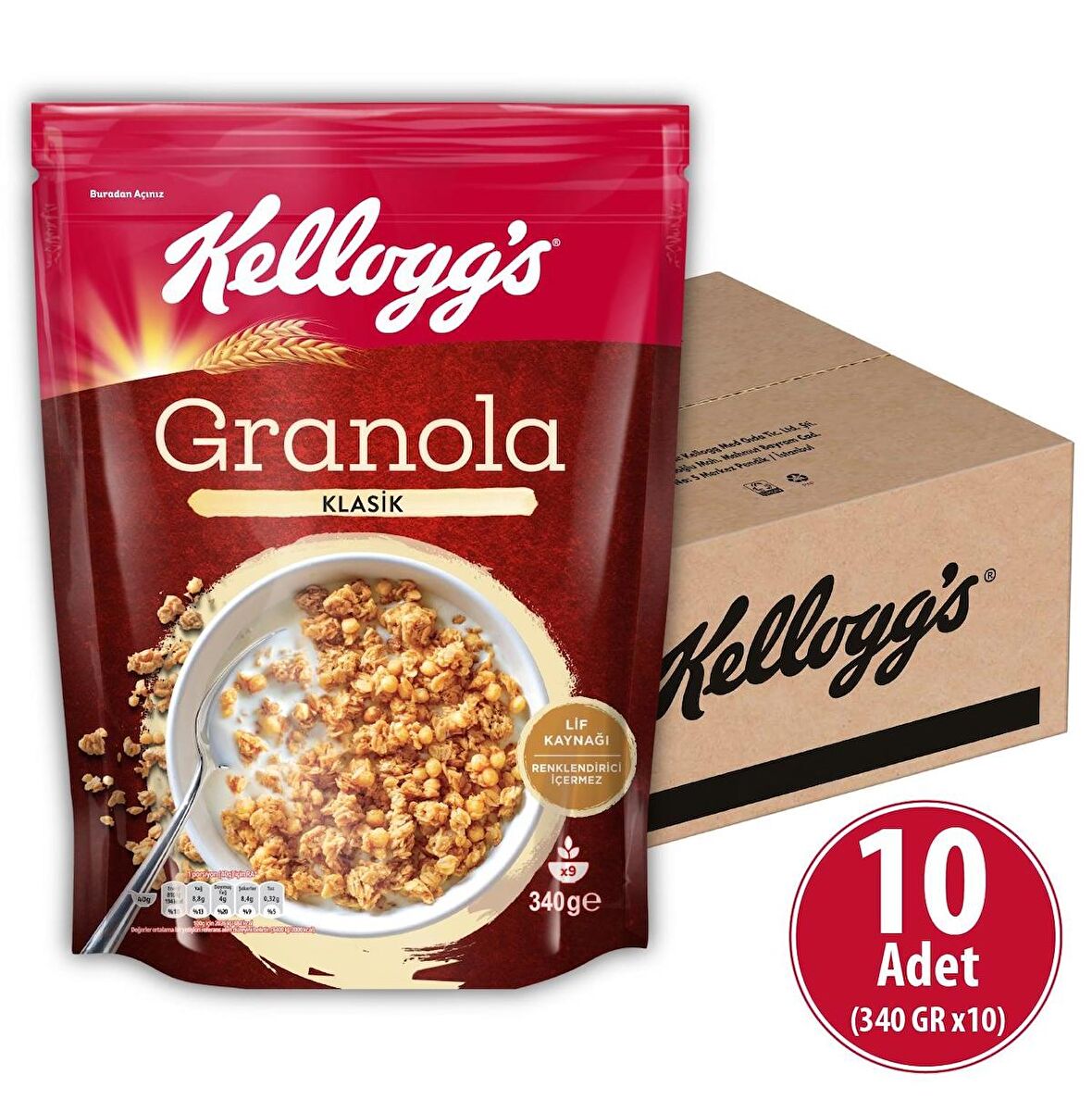 Kellogg's Granola Klasik 340 gr x 10 Adet, %56 Yulaf Içerir, Lif Kaynağı, Kahvaltılık Gevrek