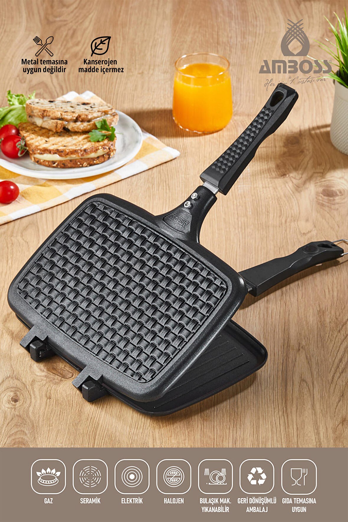 Amboss Kuvars Ocak Üstü Döküm Tost Tavası Siyah KUV-0274