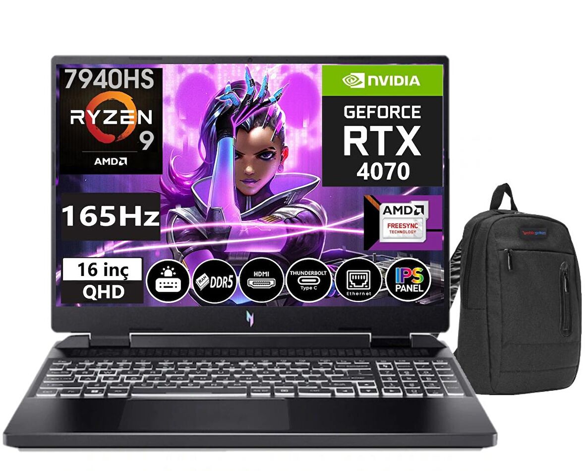 Acer Nitro 16 AN16-41  AMD Ryzen™ 9 7940HS 64GB DDR5 Ram 1TB SSD 8GB RTX4070 16 İnç 165Hz IPS QHD Freedos Taşınabilir Bilgisayar NHQLJEY00108+WeblegelsinÇanta